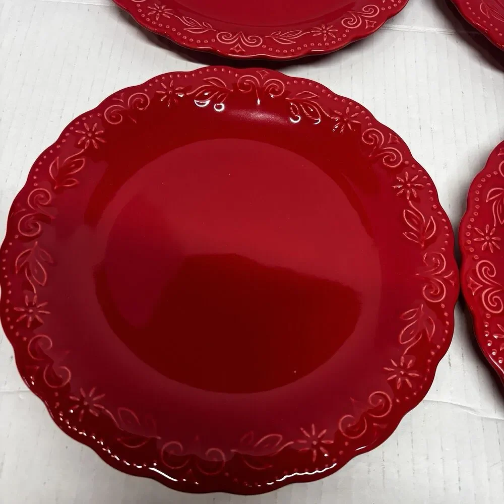 Pioneer Woman Red Salad Plates Set of 4 Floral Scalloped Stoneware 9”